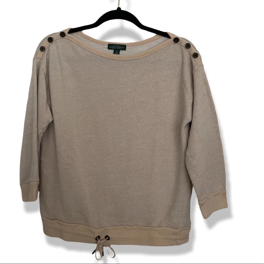Ralph Lauren Beige French Terry Sweatshirt LRL Shoulder Buttons Drawstring Hem - Picture 13 of 13